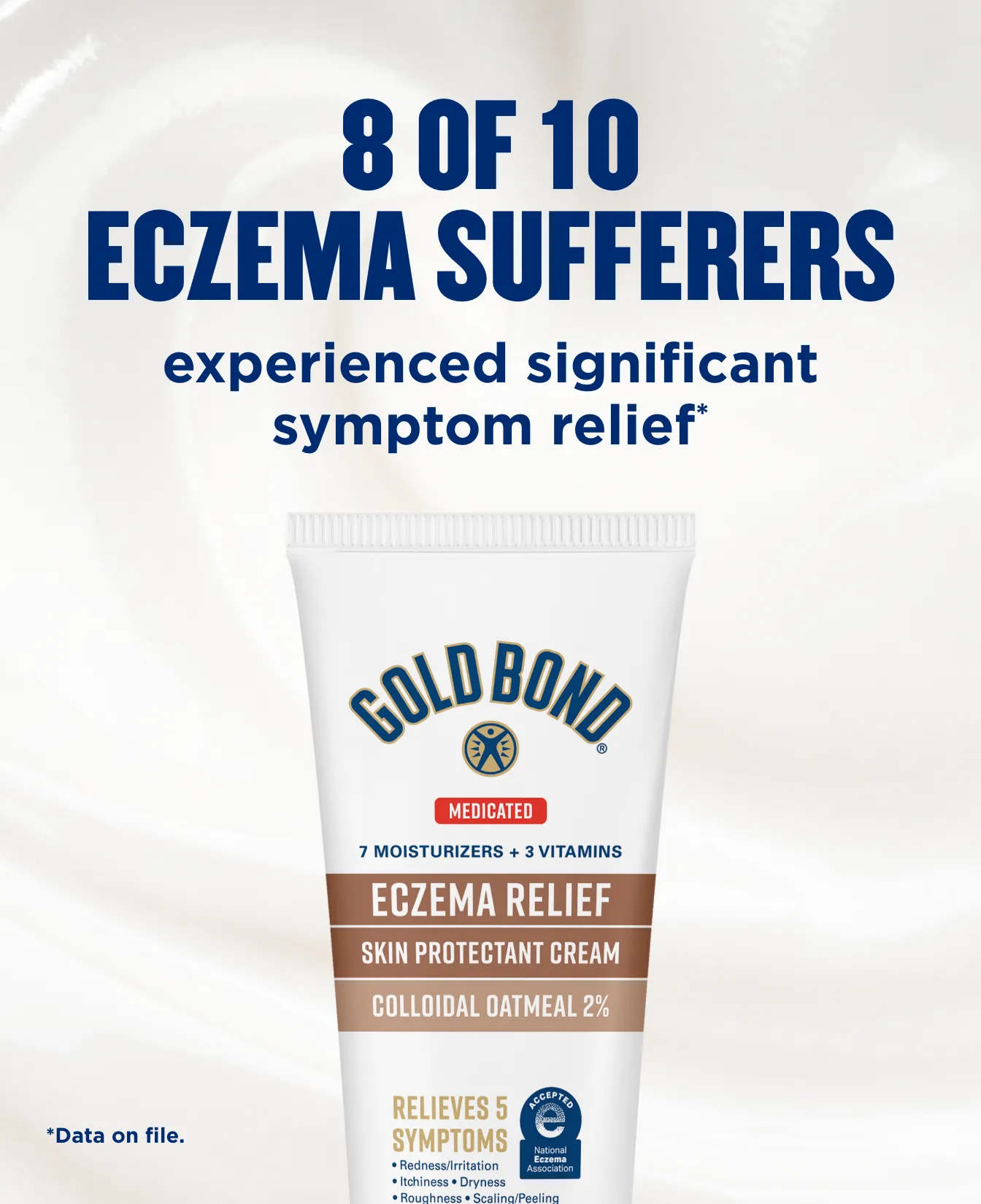 Packaging of Gold Bond® Eczema Relief Medicated Skin Protectant Cream/Lotion and benefit statements.