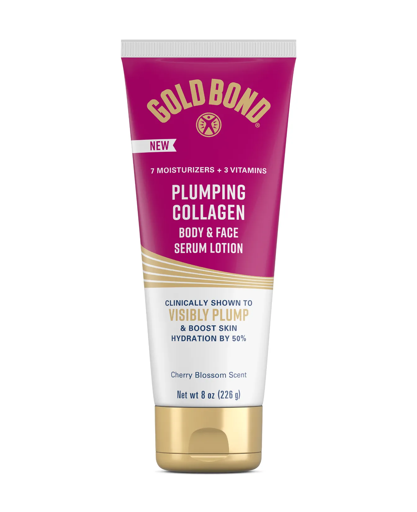 Gold Bond Plumping Collagen Lotion Body and Face Serum Lotion packaging and benefit statements.