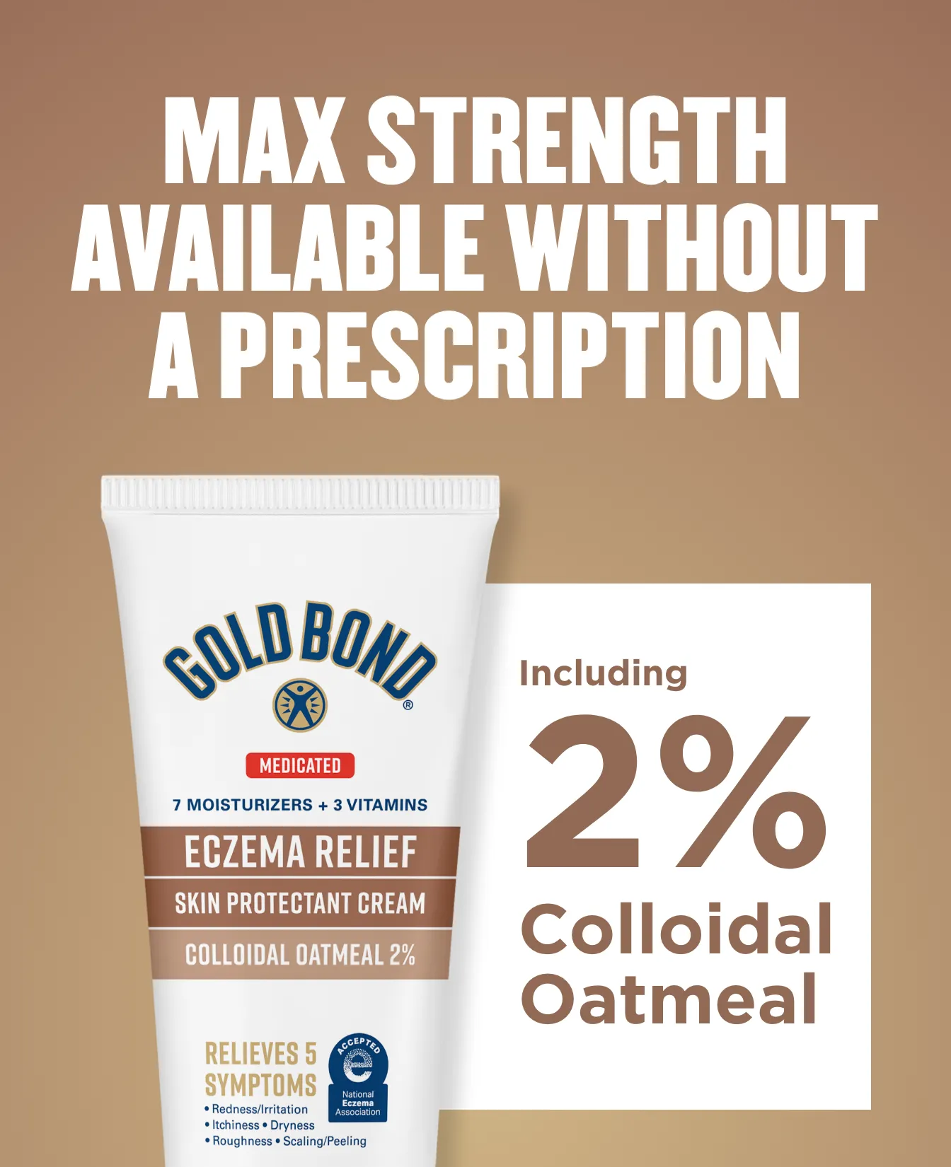 Packaging of Gold Bond® Eczema Relief Medicated Skin Protectant Cream/Lotion and benefit statements.