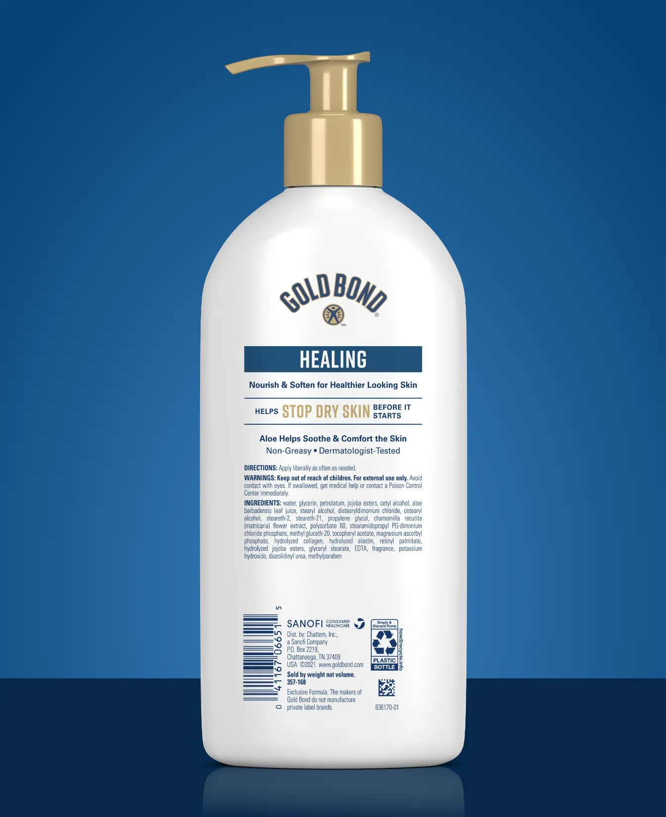 Packaging of Gold Bond® Healing Hydrating Cream/Lotion and benefit statements.