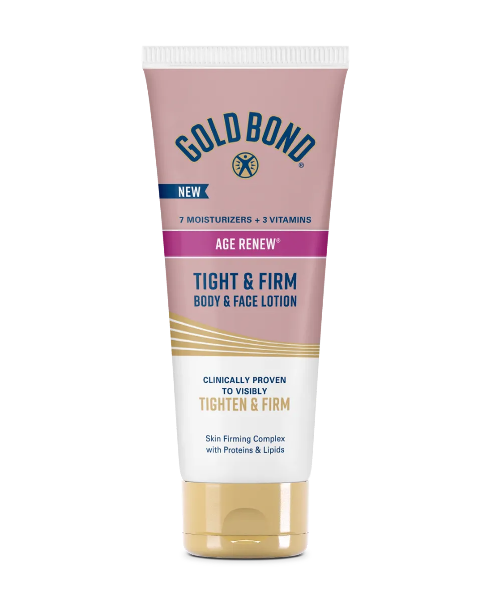 Front image of the Gold Bond Age Renew Tight & Firm Body and Face Lotion tube.