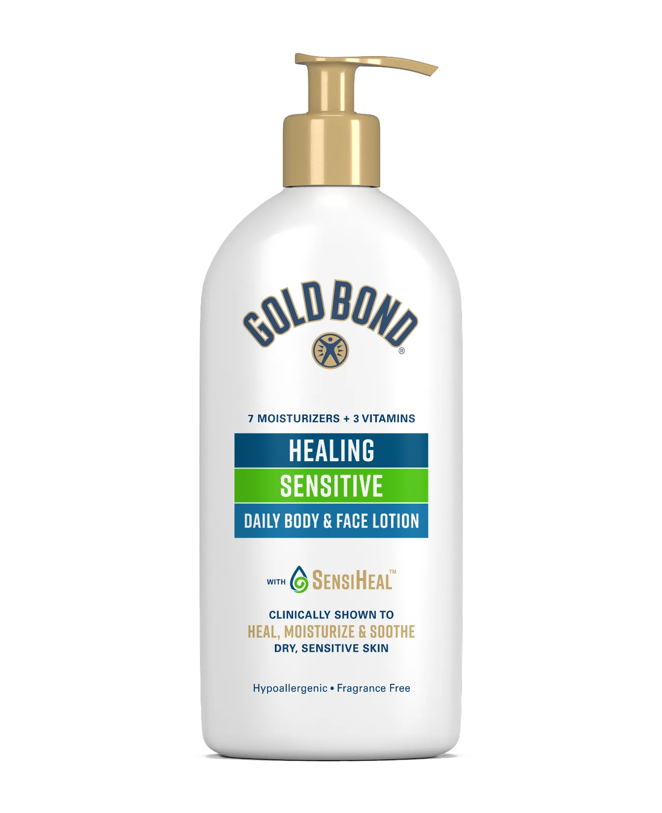 Packaging of Gold Bond® Healing Sensitive Daily Body & Face Lotion and benefit statements.