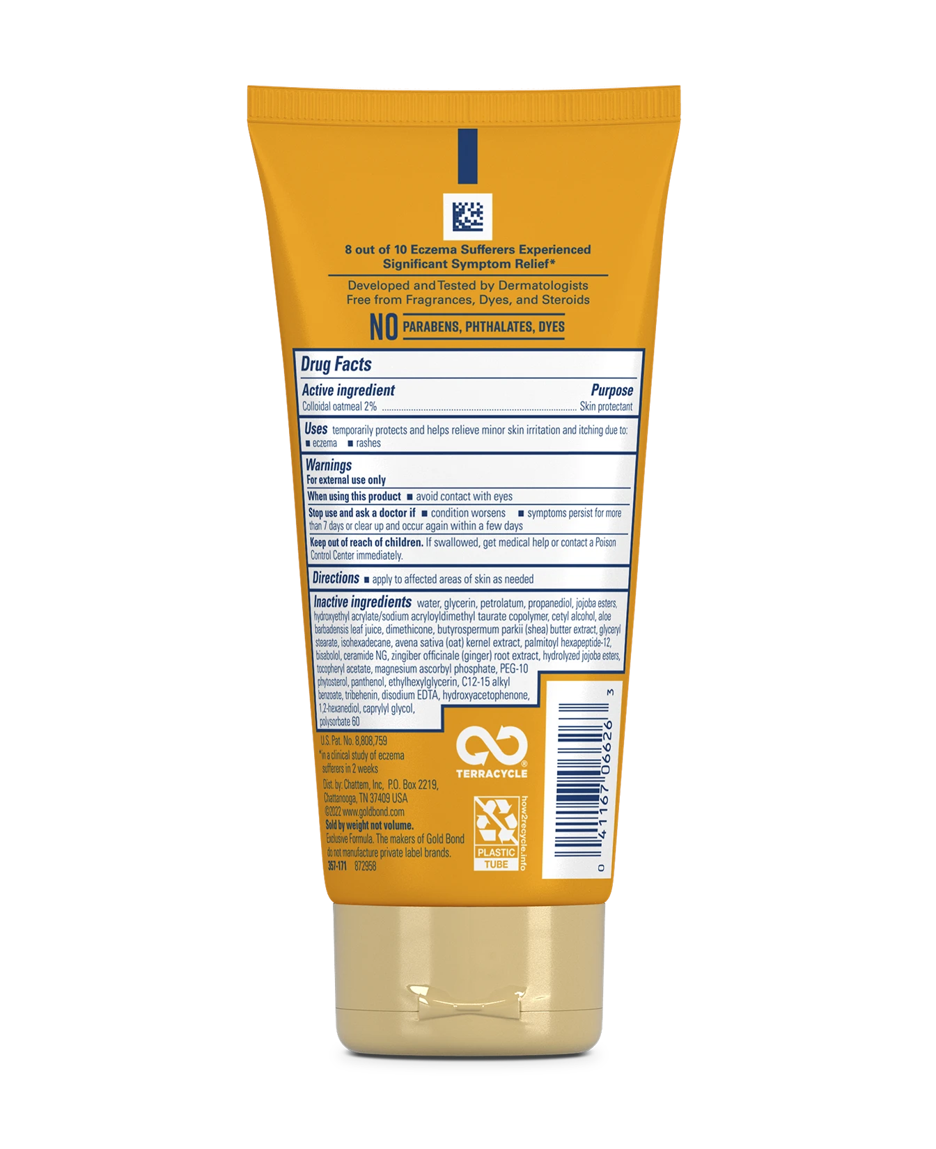 Back of Gold Bond Eczema Relief Medicated Skin Protectant Cream tube 5.5oz