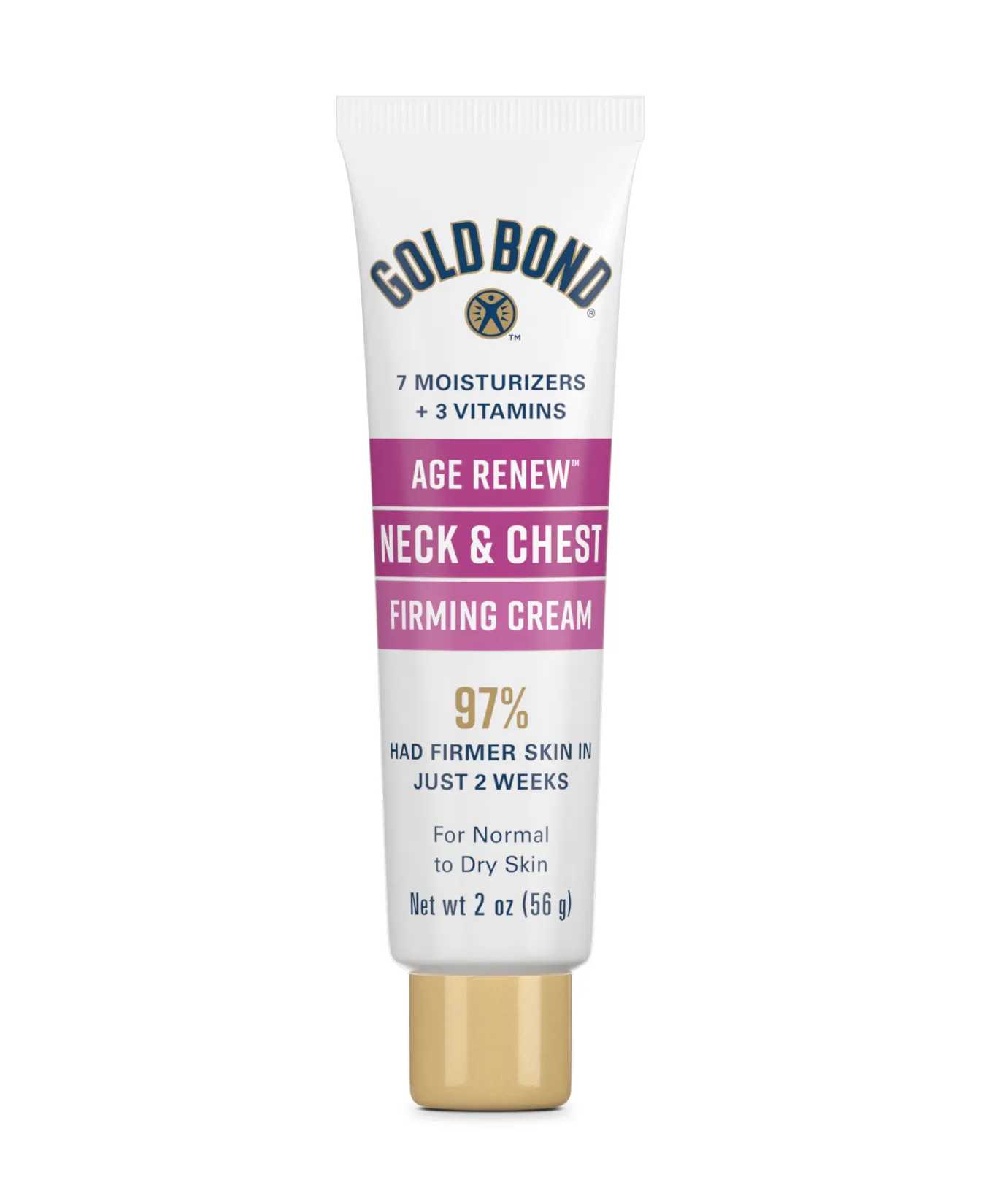 Packaging of Gold Bond® Age Renew Neck & Chest Firming Cream and benefit statements.