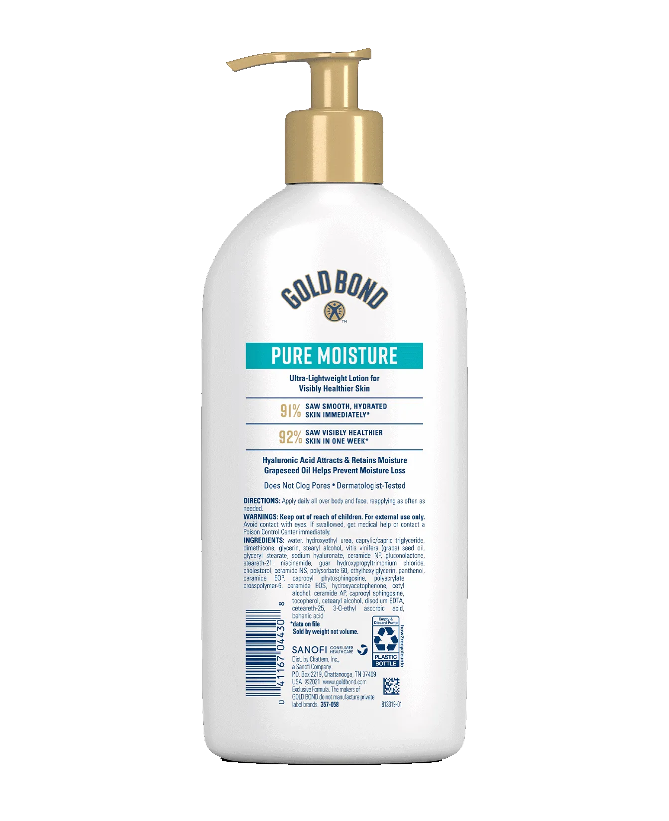 Back of Gold Bond Pure Moisture Body and Face Lotion bottle 14oz Pump
