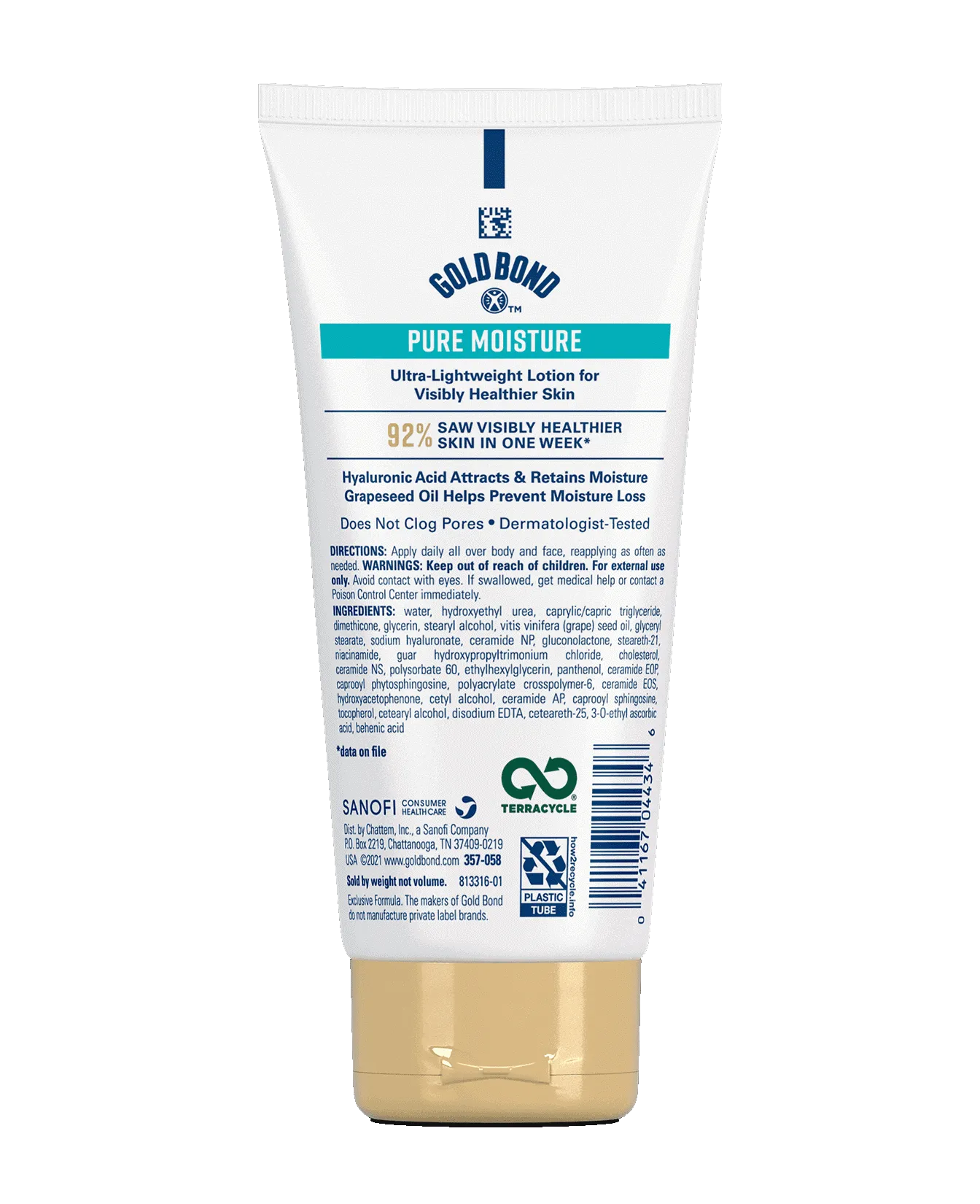 Back of Gold Bond® Pure Moisture Body and Face Lotion tube 5.5oz
