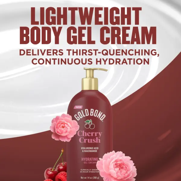 Packaging of Gold Bond® Scented Body Creams and benefit statements. Cherry crush scented body cream.