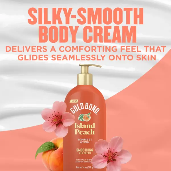 Packaging of Gold Bond® Scented Body Creams and benefit statements. Island peach scented silk cream.