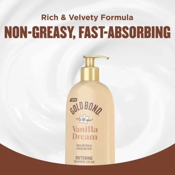 Packaging of Gold Bond® Scented Body Creams and benefit statements. Vanilla dream scented softening cream.