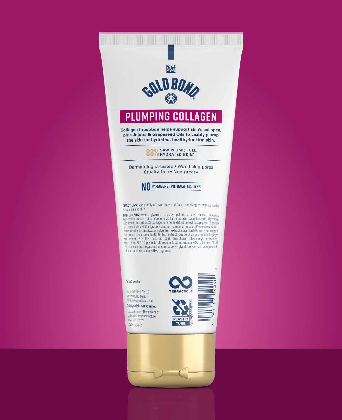 Gold Bond Plumping Collagen Lotion Body and Face Serum Lotion packaging and benefit statements.