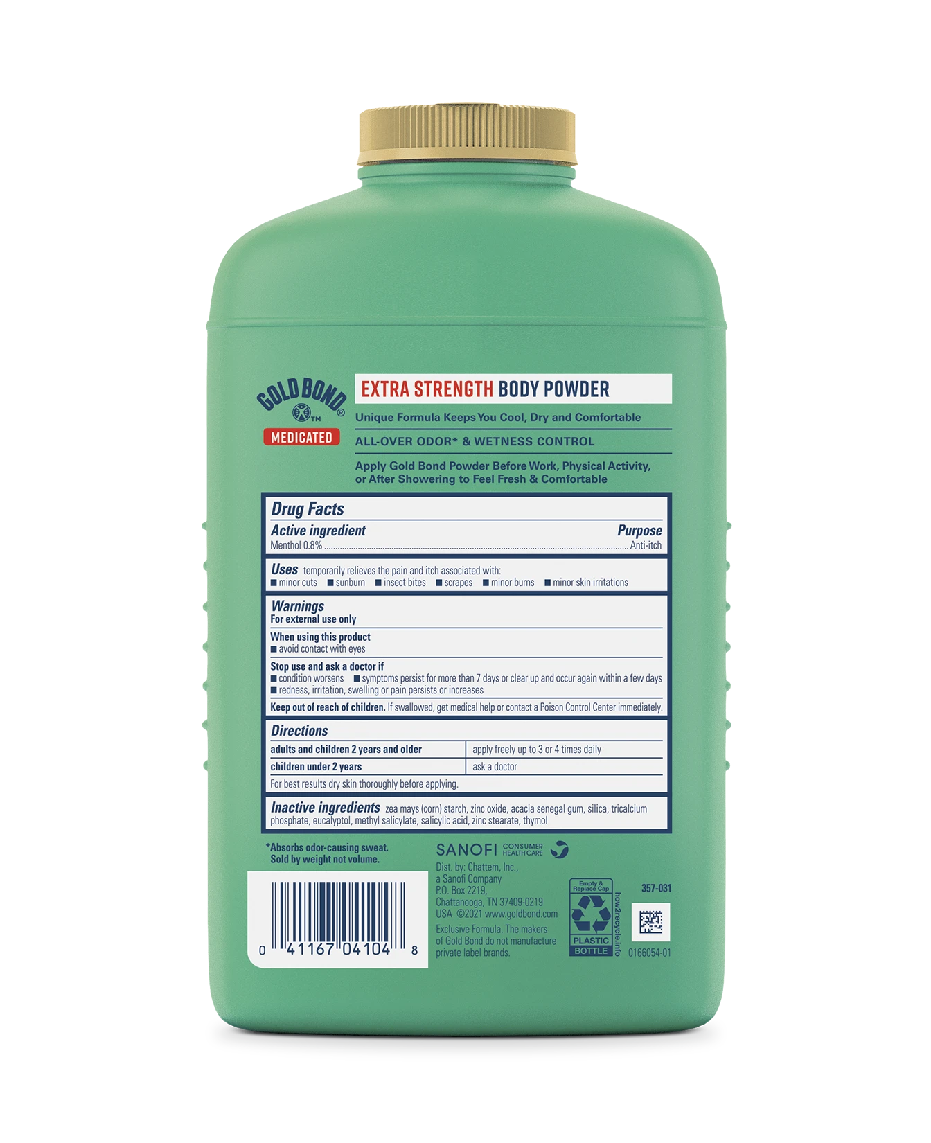 Back of Gold Bond Extra Strength Medicated Body Powder bottle 10oz