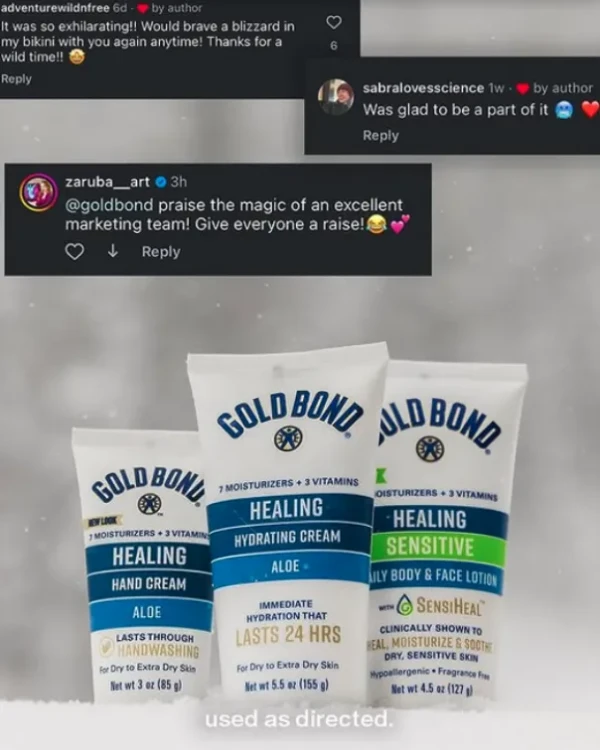 three tubes of goldbond healing lotion with social media comments