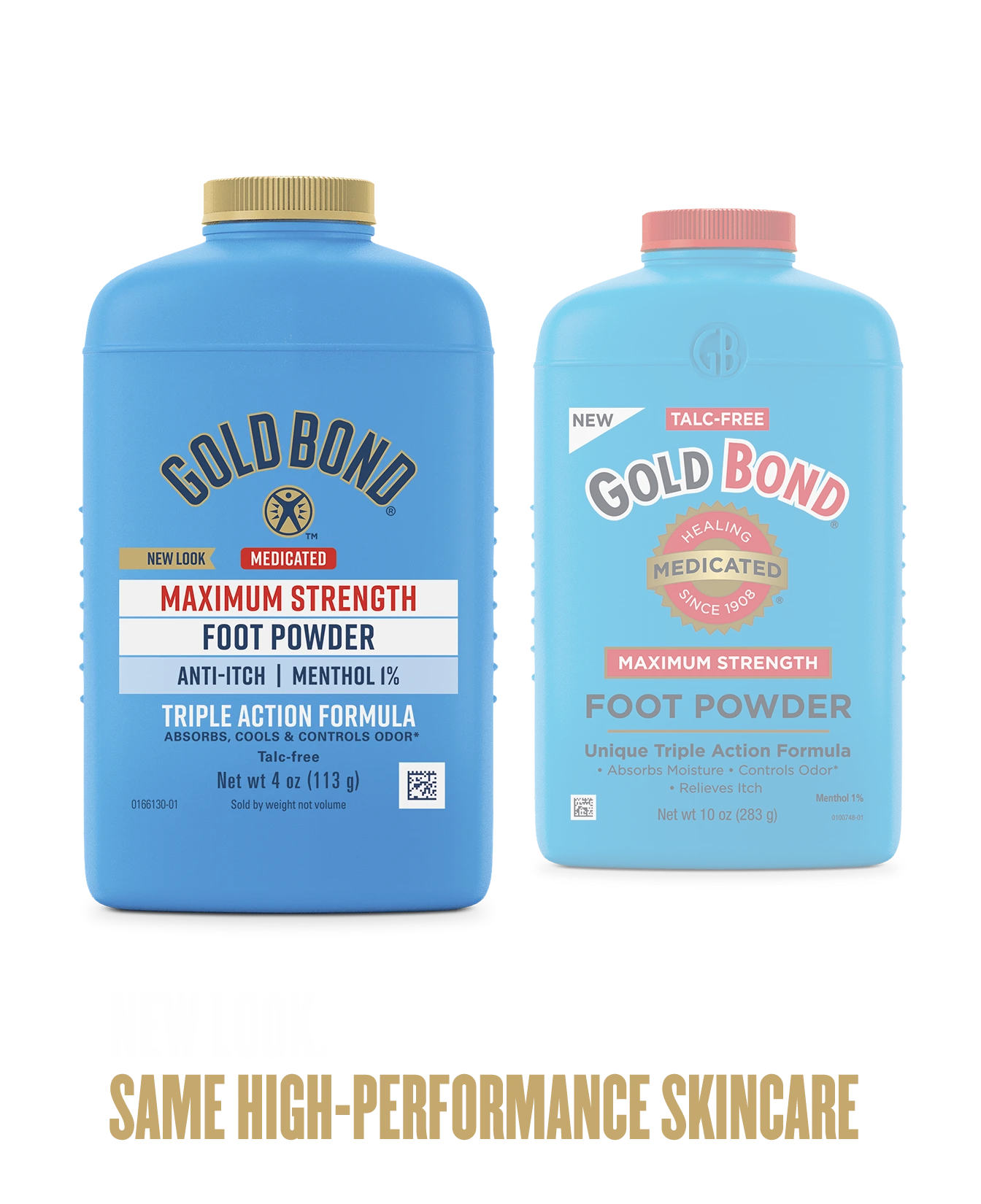 Gold Bond Maximum Strength Foot Powder old and new packaging, same performance