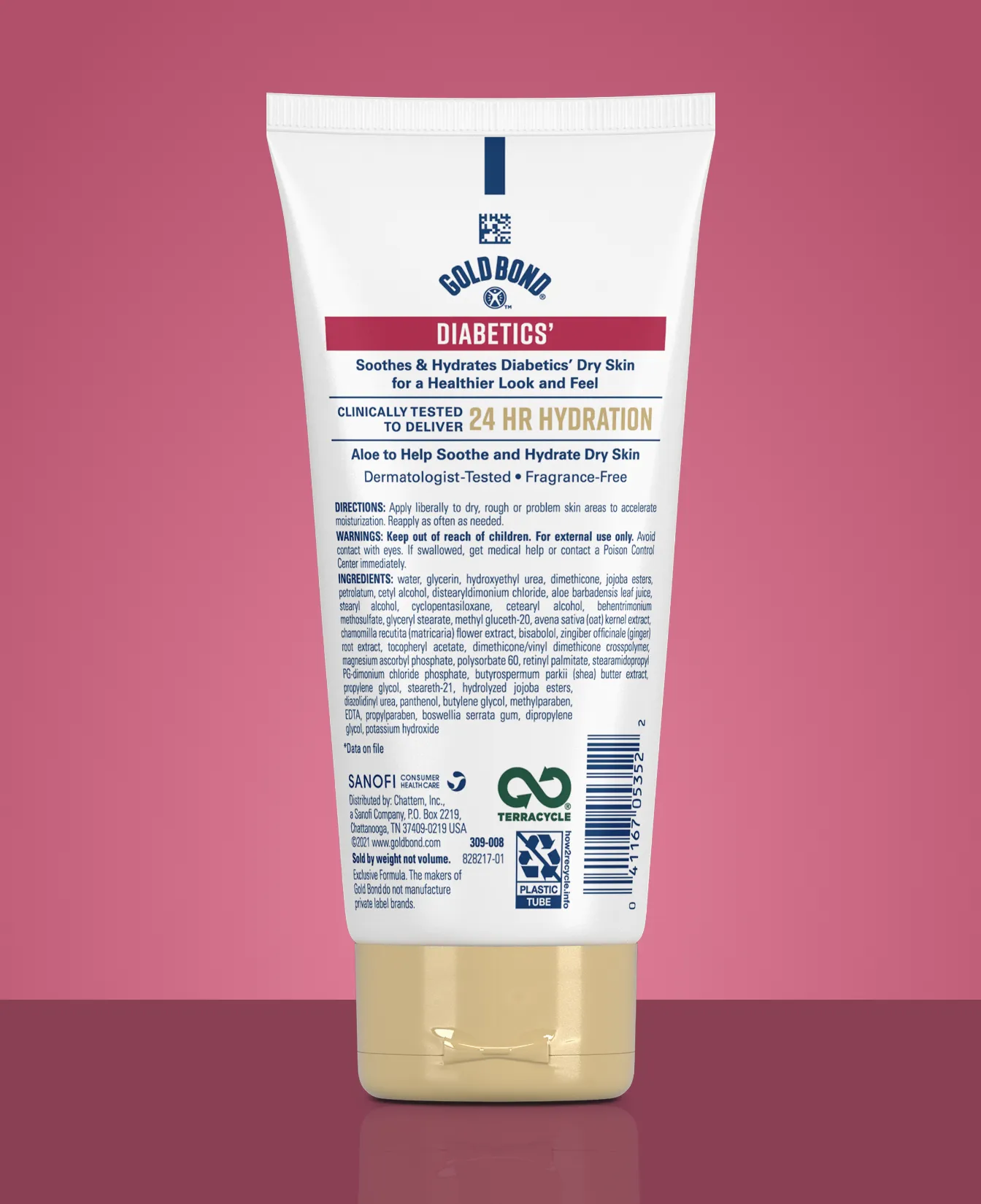 Back of Gold Bond® Diabetics' Dry Skin Relief Body Lotion and benefit statements.