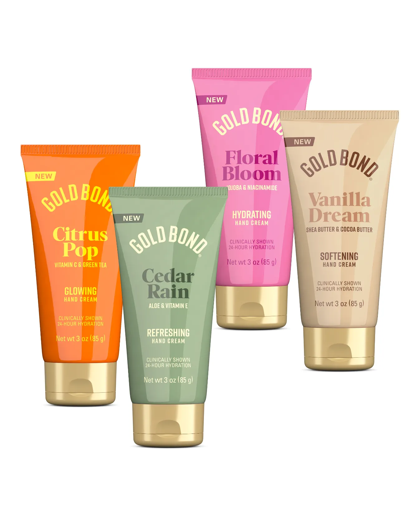 Gold Bond Scented Hand Creams packaging and benefit statements. Available in four amazing scents - Vanilla Dream Softening Hand Cream, Floral Bloom Hydrating Hand Cream, Citrus Pop Glowing Hand Cream and Cedar Rain Refreshing Hand Cream
