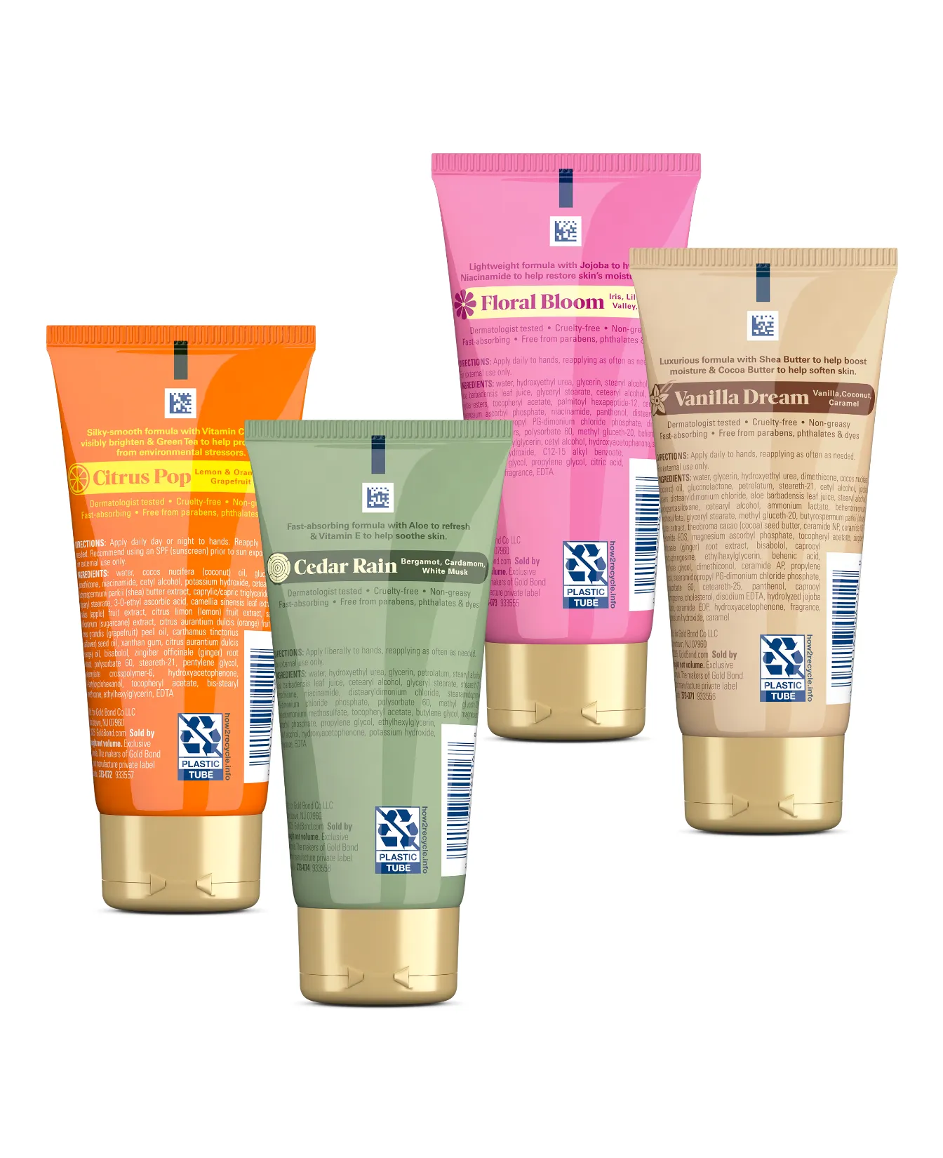 Gold Bond Scented Hand Creams packaging and benefit statements. Available in four amazing scents - Vanilla Dream Softening Hand Cream, Floral Bloom Hydrating Hand Cream, Citrus Pop Glowing Hand Cream and Cedar Rain Refreshing Hand Cream