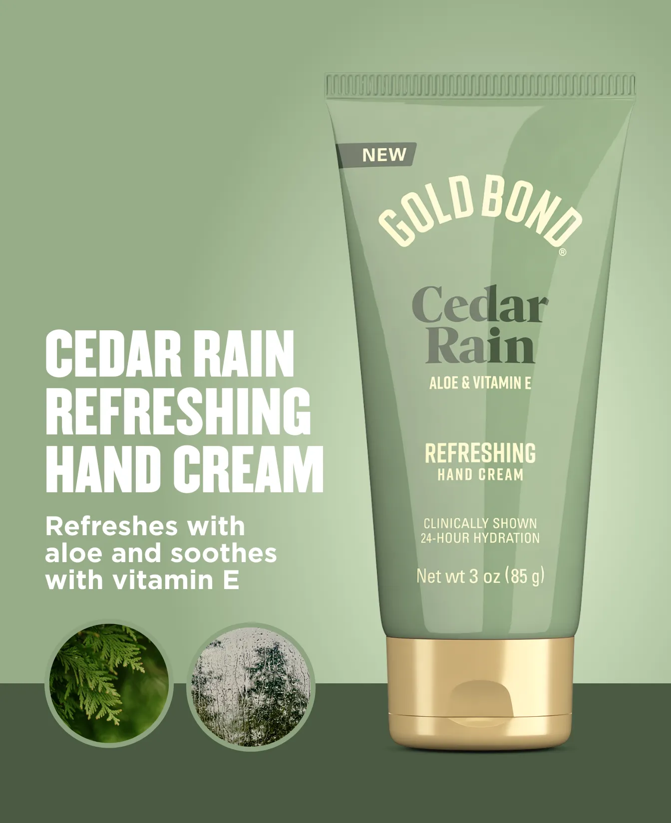 Gold Bond Scented Hand Creams packaging and benefit statements. Cedar Rain Refreshing Hand Cream.