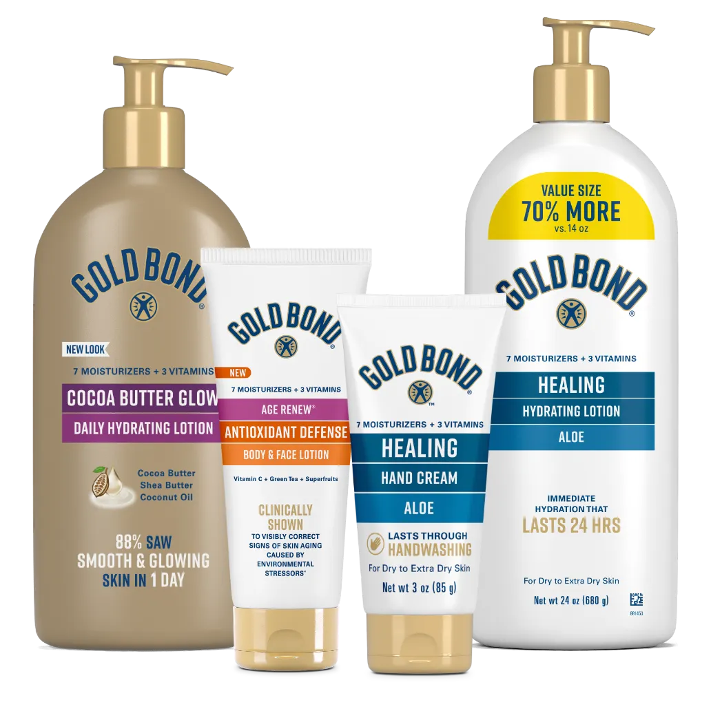 Gold Bond Product Line - Cocoa Butter Glow Daily Hydrating Lotion, Age Renew Antioxidant Defense Body & Face Lotion, Healing Hand Cream with Aloe, Healing Hydrating Lotion with Aloe